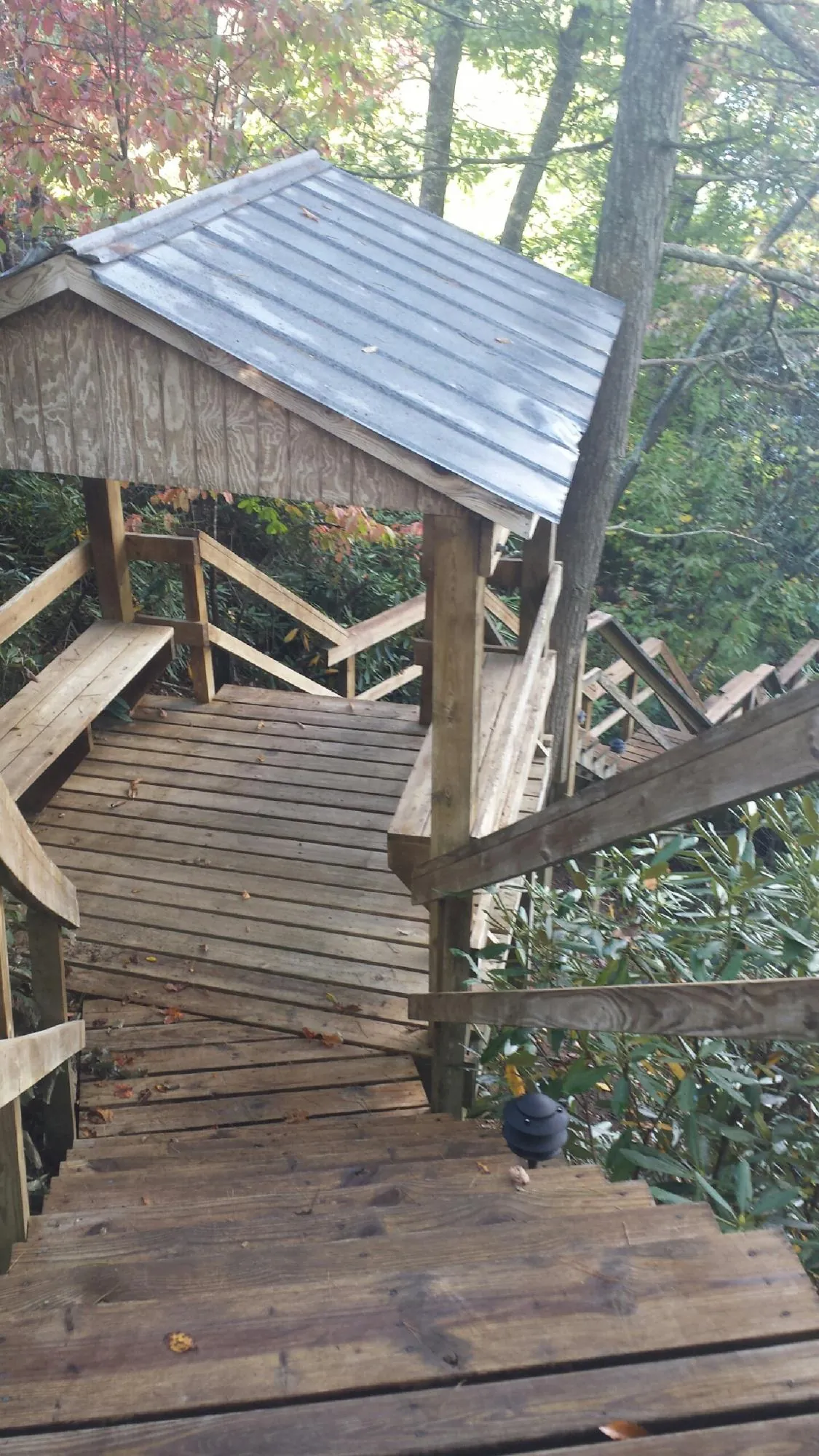 Metal roofed shelter over wooden steps on a wooded walkway — Skylight Repair & Installation work by our crew in Clarks Hill